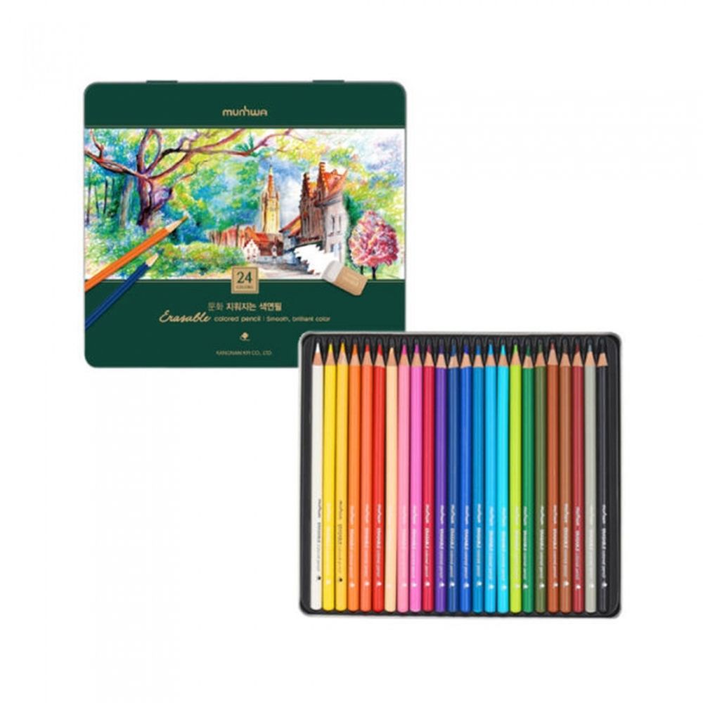 MUNHWA Erasable Colored Pencil Set | 24 Vivid Colors in Protective Tin Case | Matte Finish Body | Correctable & Blendable | KC Certified | Made in Korea